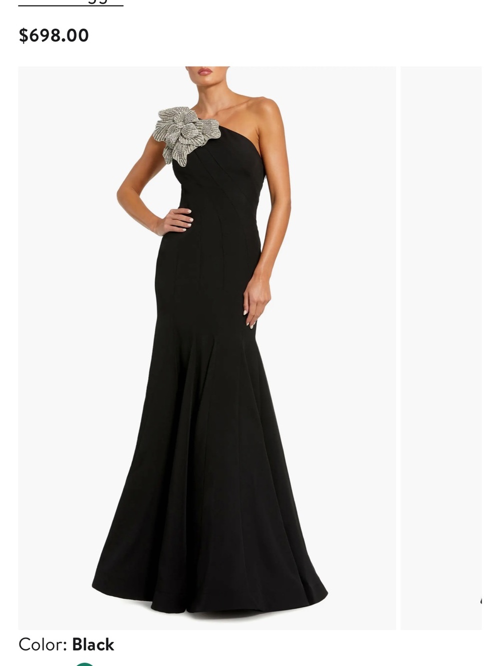Mac Duggal Black One-Shoulder Gown with Silver Floral Embellishment